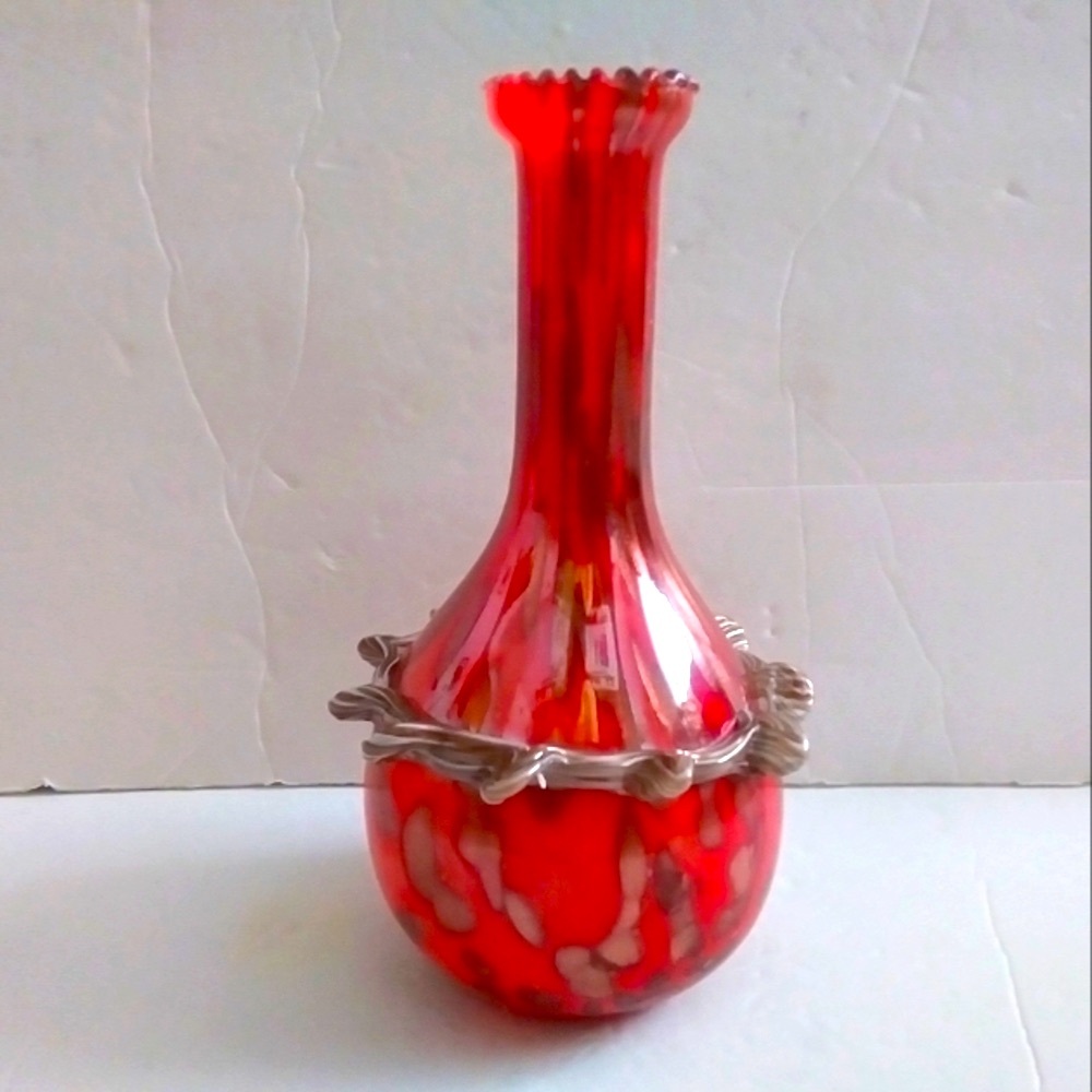Murano Blown Glass Italian Vase Orange With Gold Streaks  10" High